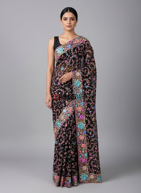 Luxury Traditional Black Parsi Gara Saree with Intricate Multicolour Thread Work