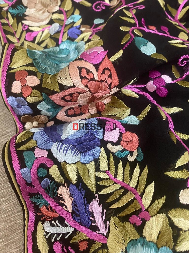Gara Praid Traditional Black Parsi Gara Saree with Intricate Multicolour Hand Emb ...