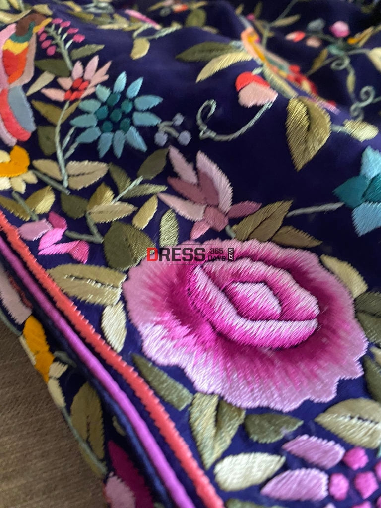 Designer Navy Fine Parsi Gara Embroidery Saree