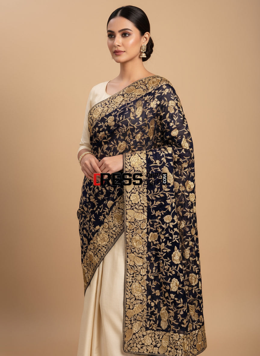 Designer Navy Gold Hand Embroidered Parsi Gara Dupatta
