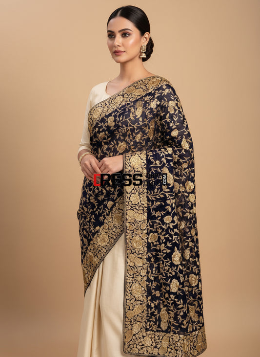 Designer Navy Gold Hand Embroidered Parsi Gara Dupatta