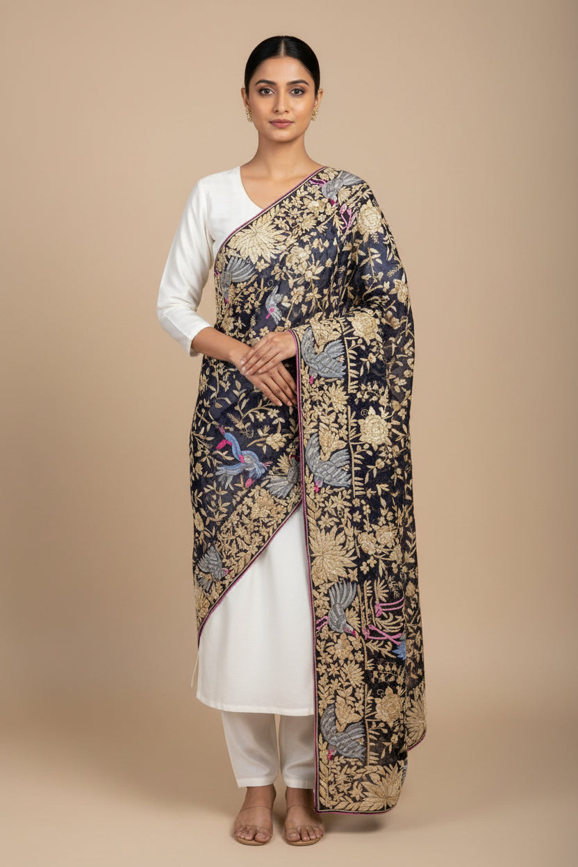Pre Order Designer Navy Hand Embroidered Parsi Gara Dupatta