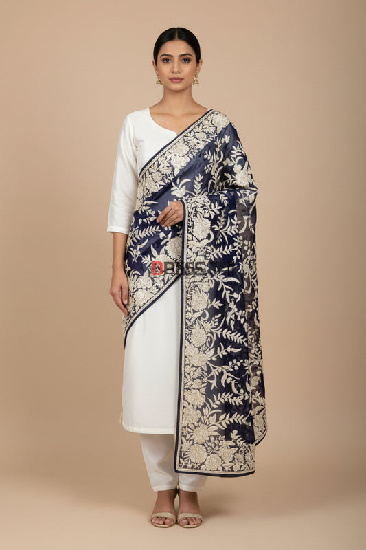 Pre Order Designer Navy Ivory Floral Parsi Gara Dupatta