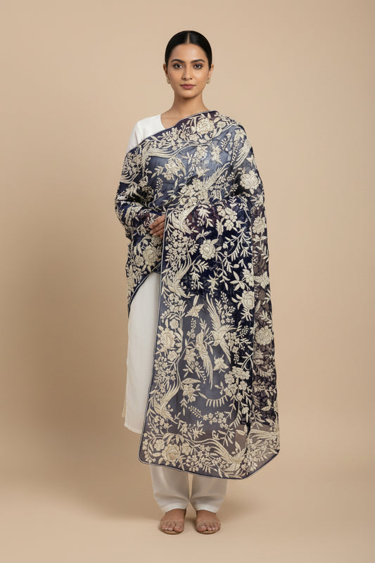 Pre Order Designer Navy Ivory Parsi Gara Dupatta