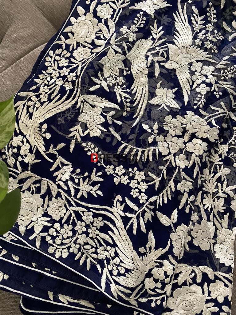 Designer Navy Ivory Parsi Gara Dupatta