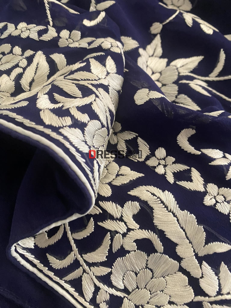 Designer Navy Ivory Parsi Gara Pure Georgette Saree