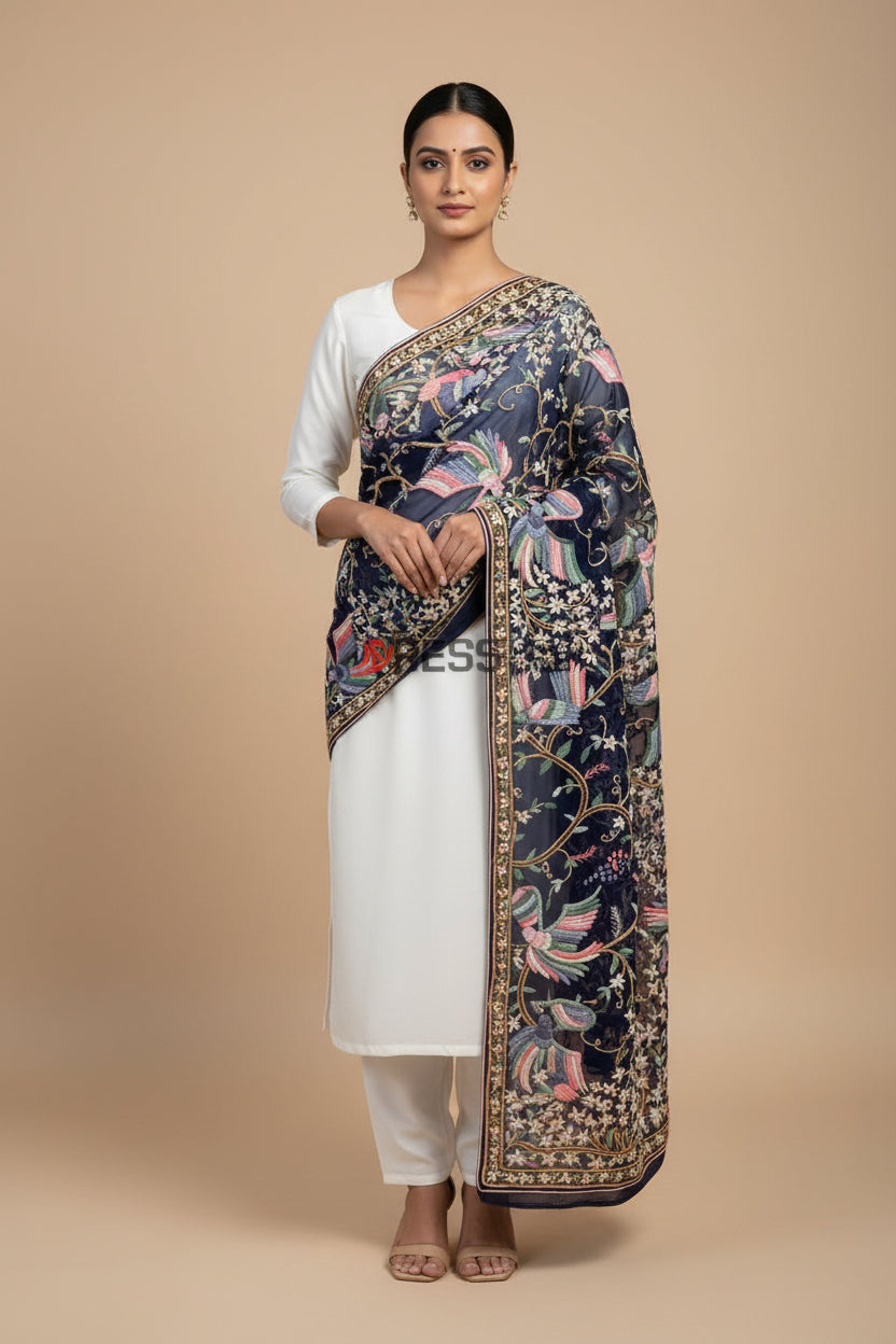 Designer Navy Multicolour Parsi Gara Dupatta With Bird motifs