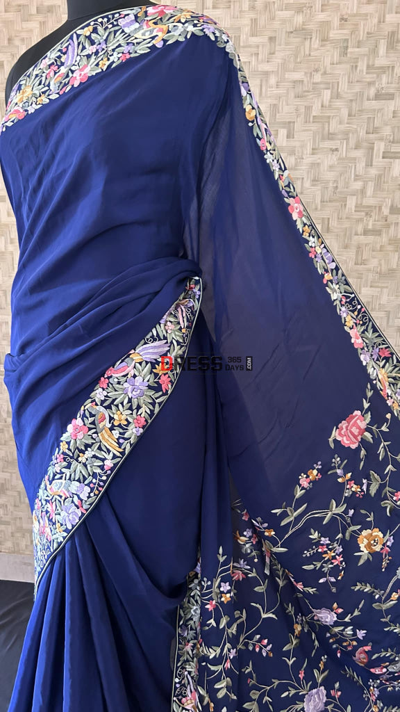 Designer Navy Parsi Gara Crepe Silk Saree Parsi Gara Saree
