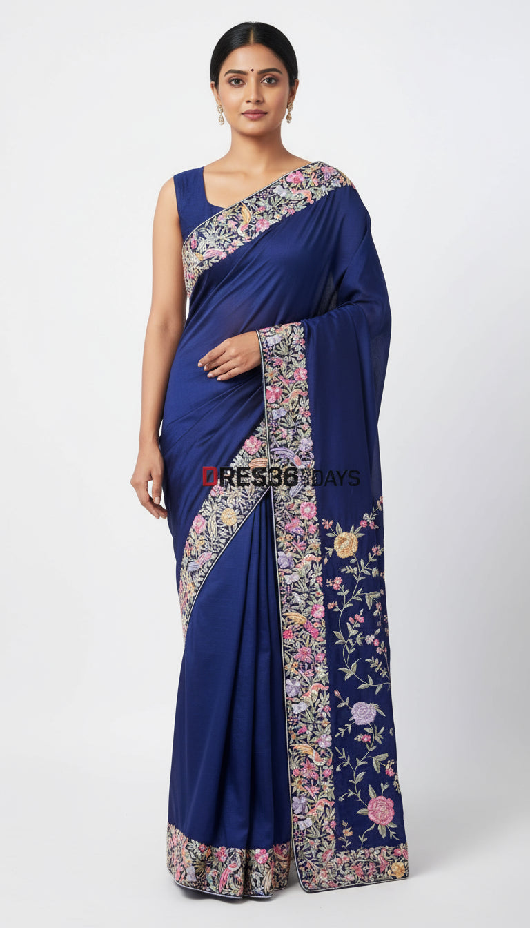 Pre Order Designer Navy Parsi Gara Crepe Silk Saree