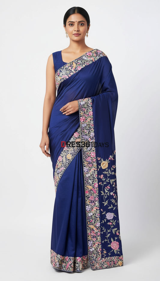 Pre Order Designer Navy Parsi Gara Crepe Silk Saree