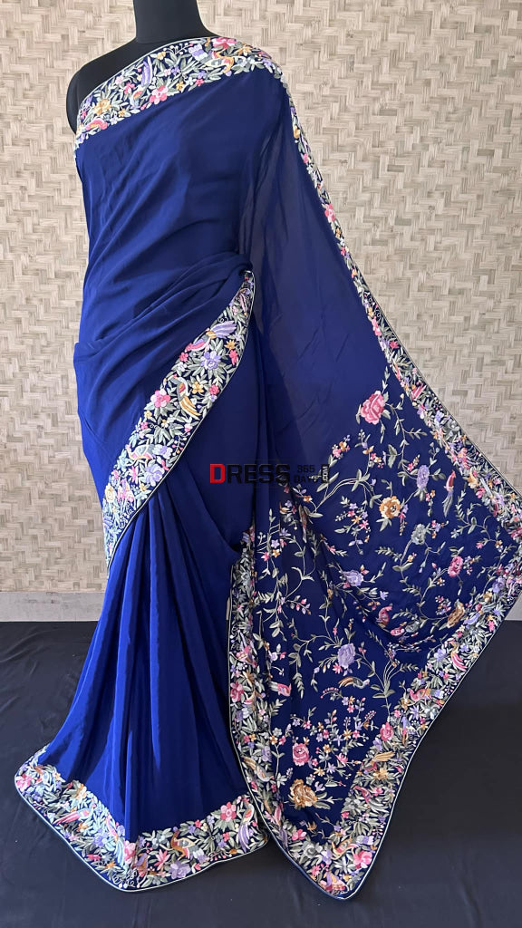 Designer Navy Parsi Gara Crepe Silk Saree Parsi Gara Saree