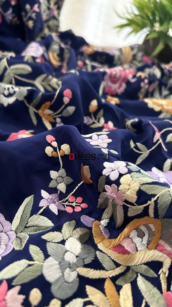 Designer Navy Parsi Gara Crepe Silk Saree Parsi Gara Saree
