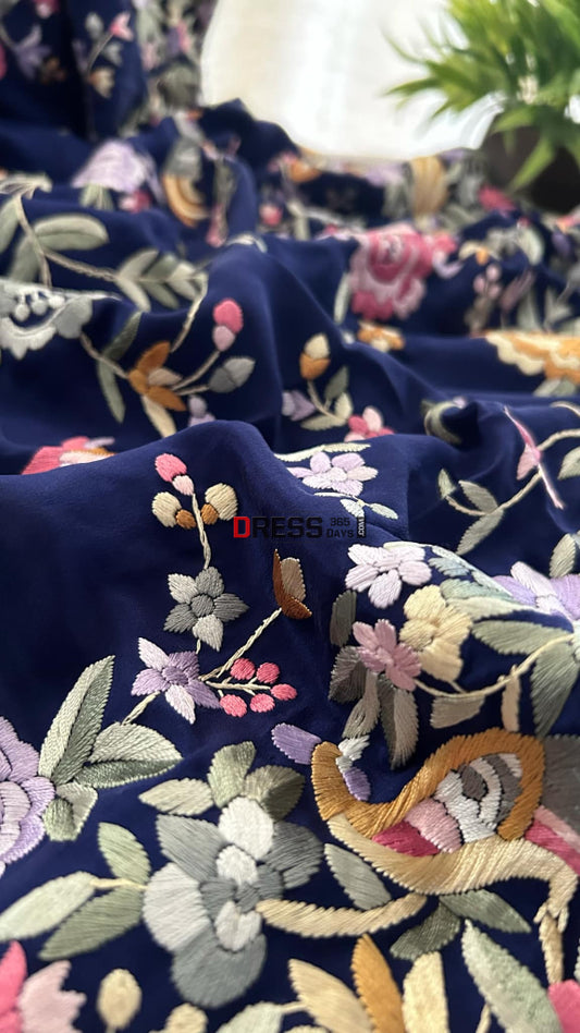Designer Navy Parsi Gara Crepe Silk Saree Parsi Gara Saree