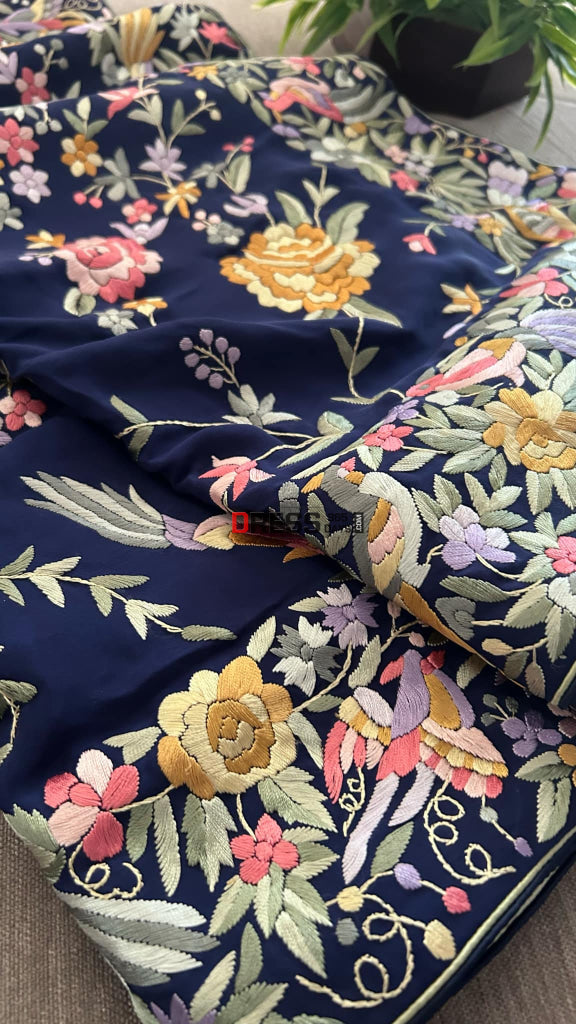 Designer Navy Parsi Gara Crepe Silk Saree Parsi Gara Saree