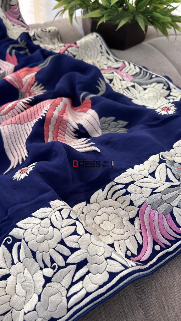 Designer Navy Parsi Gara Hand Embroidered Saree