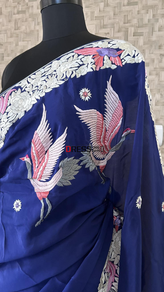 Designer Navy Parsi Gara Hand Embroidered Saree