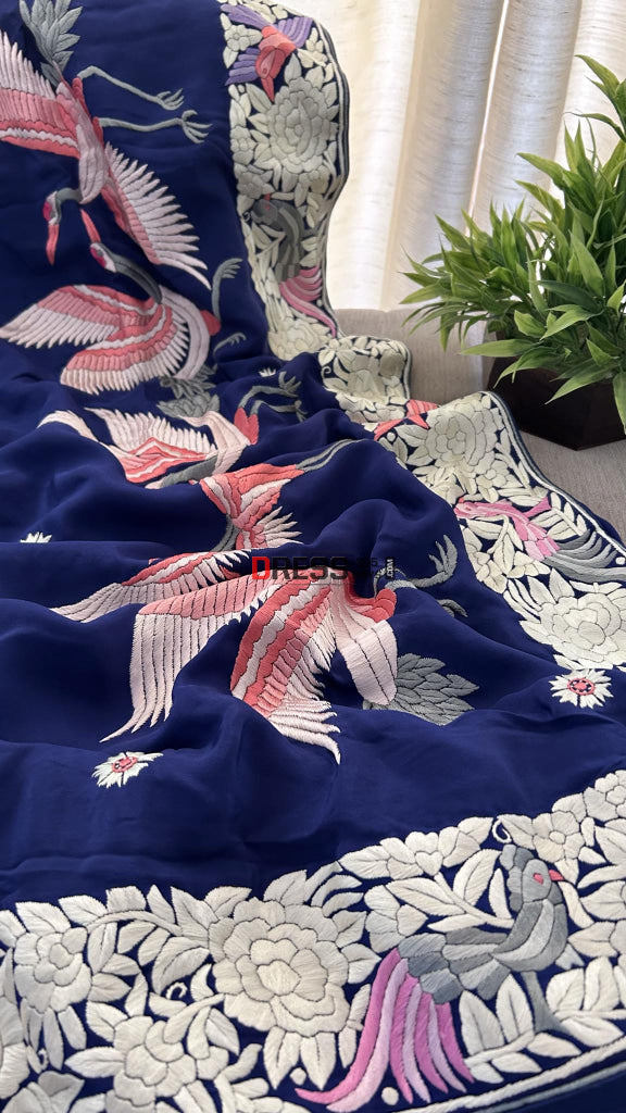 Designer Navy Parsi Gara Hand Embroidered Saree