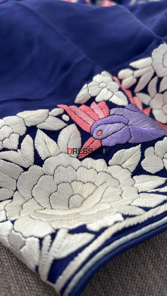 Designer Navy Parsi Gara Hand Embroidered Saree