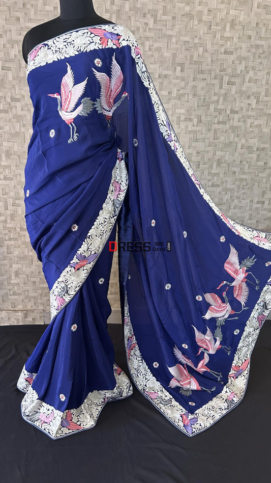 Designer Navy Parsi Gara Hand Embroidered Saree