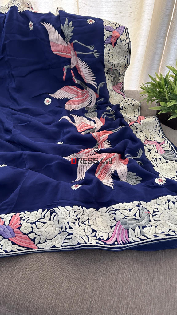 Designer Navy Parsi Gara Hand Embroidered Saree