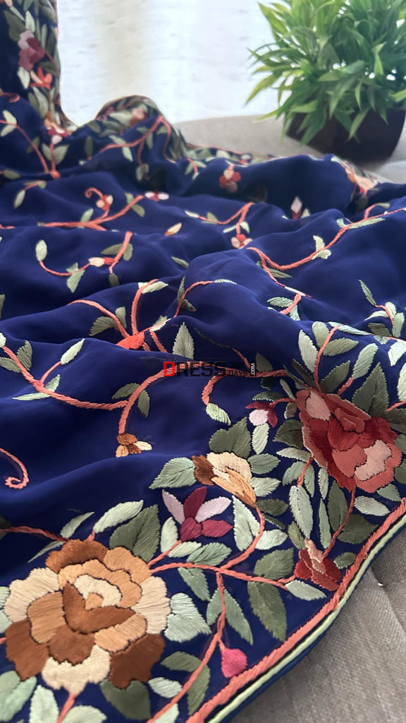 Designer Navy Parsi Gara Pure Georgette Saree Parsi Gara Saree