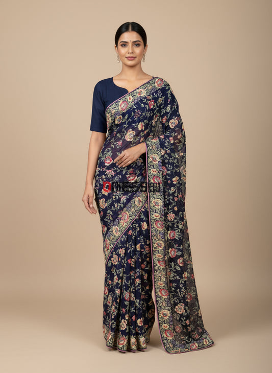 Pre Order Designer Navy Parsi Gara Pure Georgette Saree