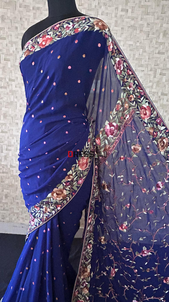 Designer Navy Parsi Gara Pure Georgette Saree Parsi Gara Saree