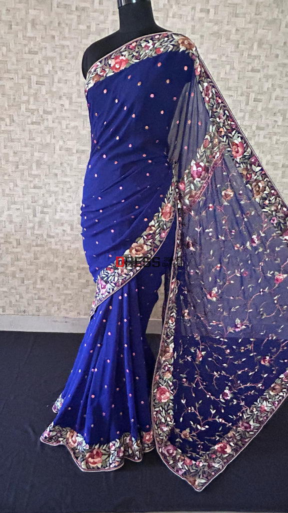 Designer Navy Parsi Gara Pure Georgette Saree Parsi Gara Saree