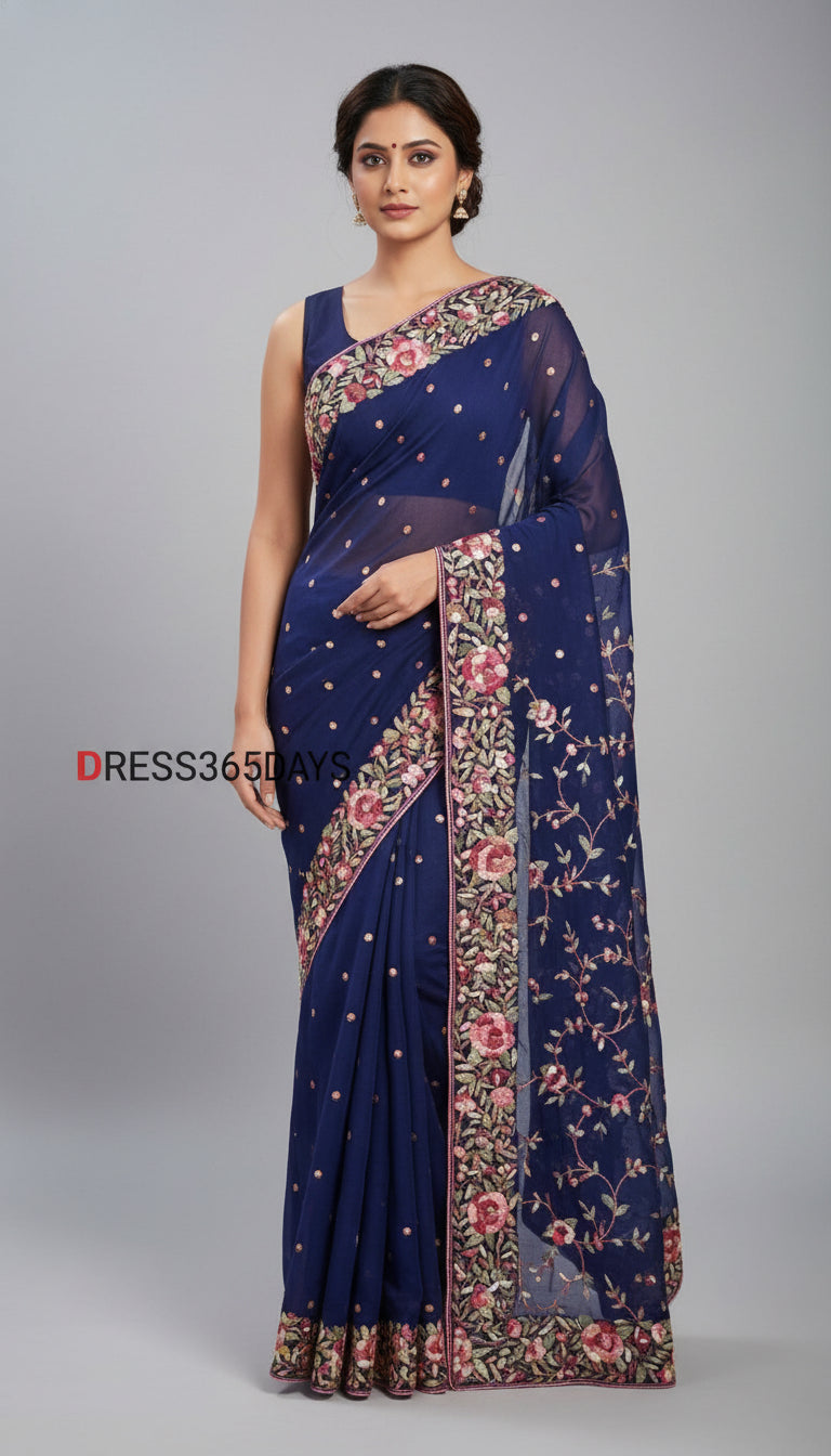 Pre Order Designer Navy Parsi Gara Pure Georgette Saree