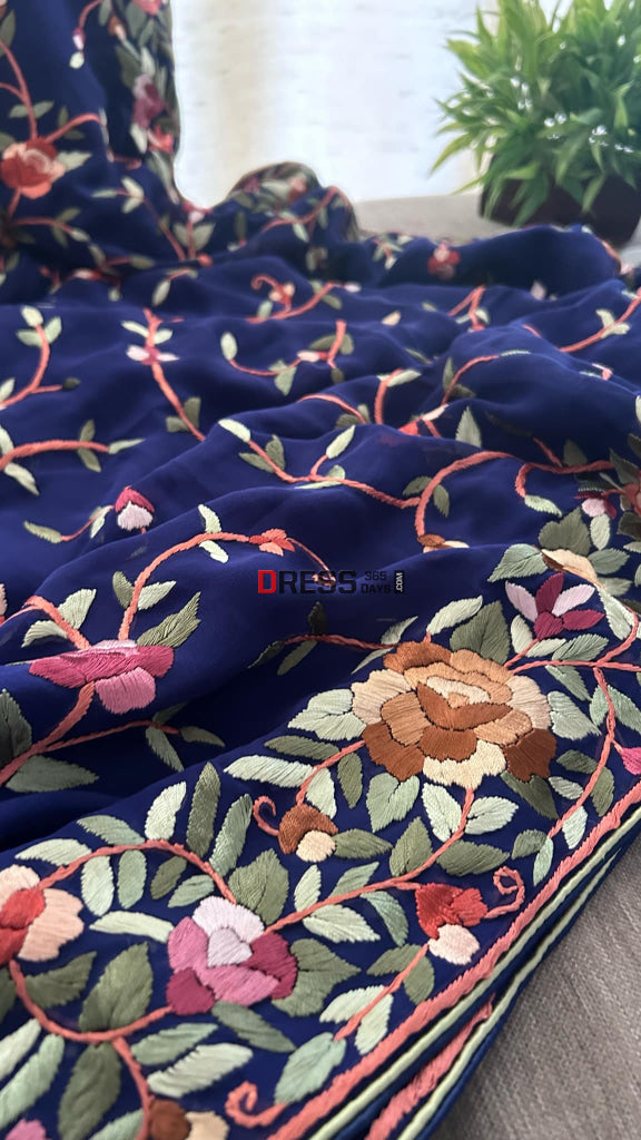 Designer Navy Parsi Gara Pure Georgette Saree Parsi Gara Saree
