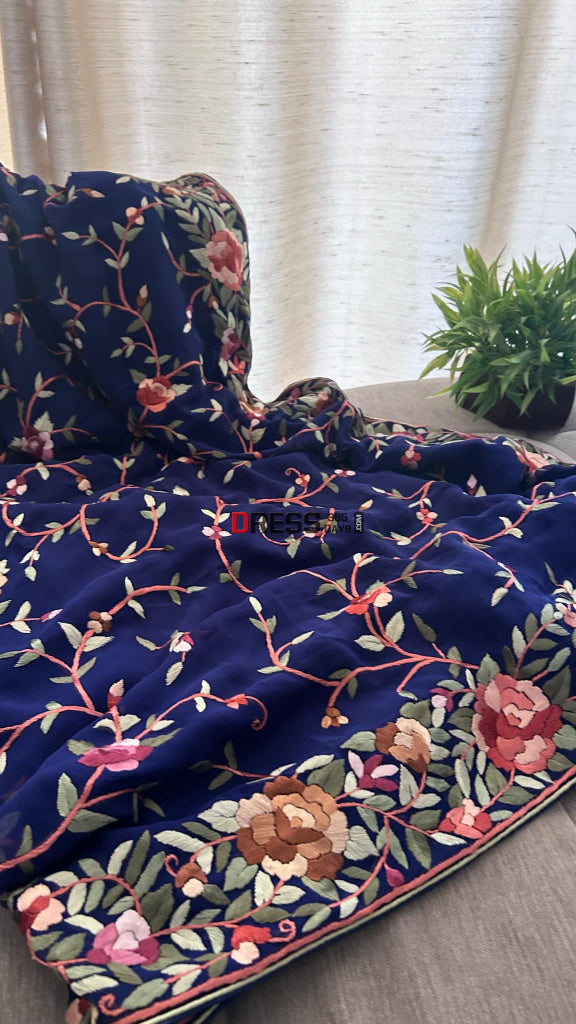 Designer Navy Parsi Gara Pure Georgette Saree Parsi Gara Saree