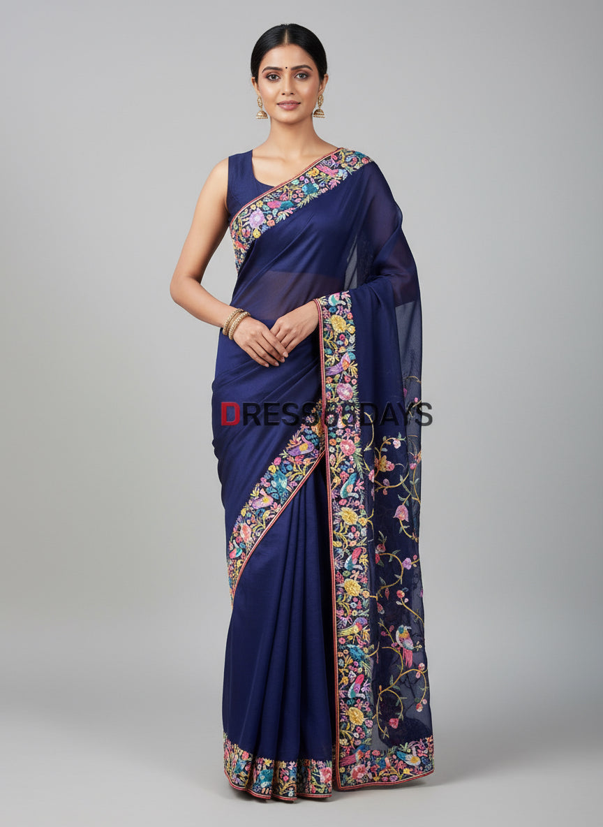 Pre Order Designer Navy Parsi Gara Saree