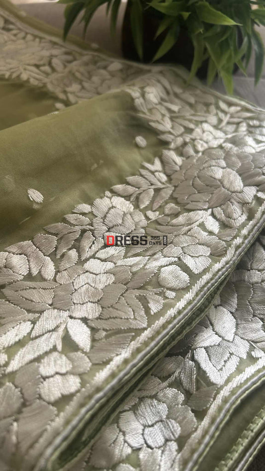 Designer Organza Parsi Gara Hand Embroidered Dupatta Parsi Gara Dupatta