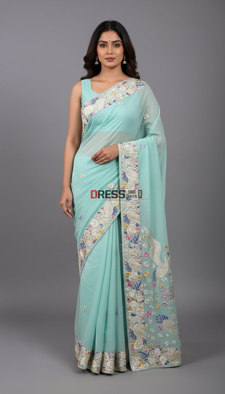 Pre Order Designer Parsi Gara Hand Embroidered Saree