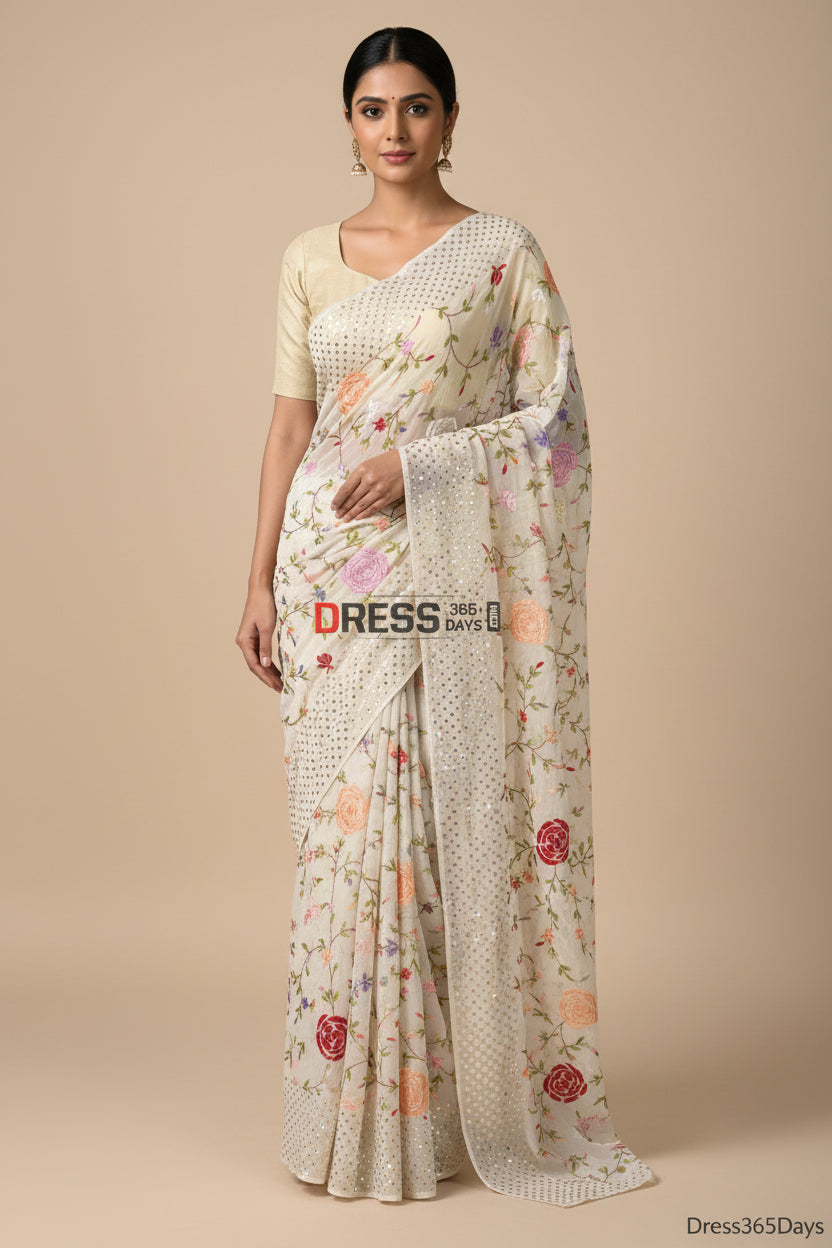 Elegant White Parsi Gara and Mukaish Embroidered Saree