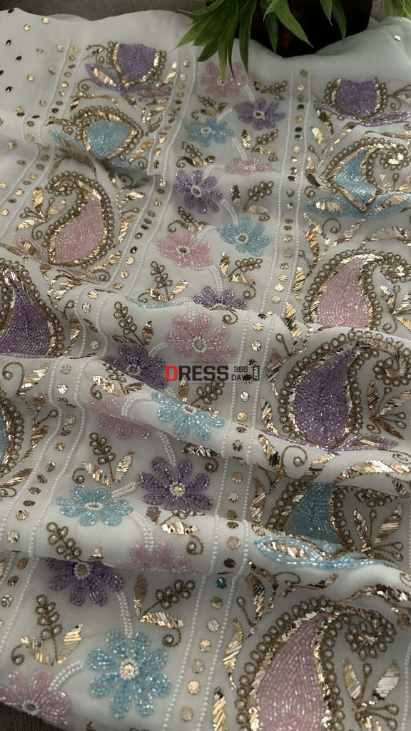 Designer Party Wear Cut Dana Mukaish Kurta Dupatta Set (Viscose Georgette) Chikankari Suits