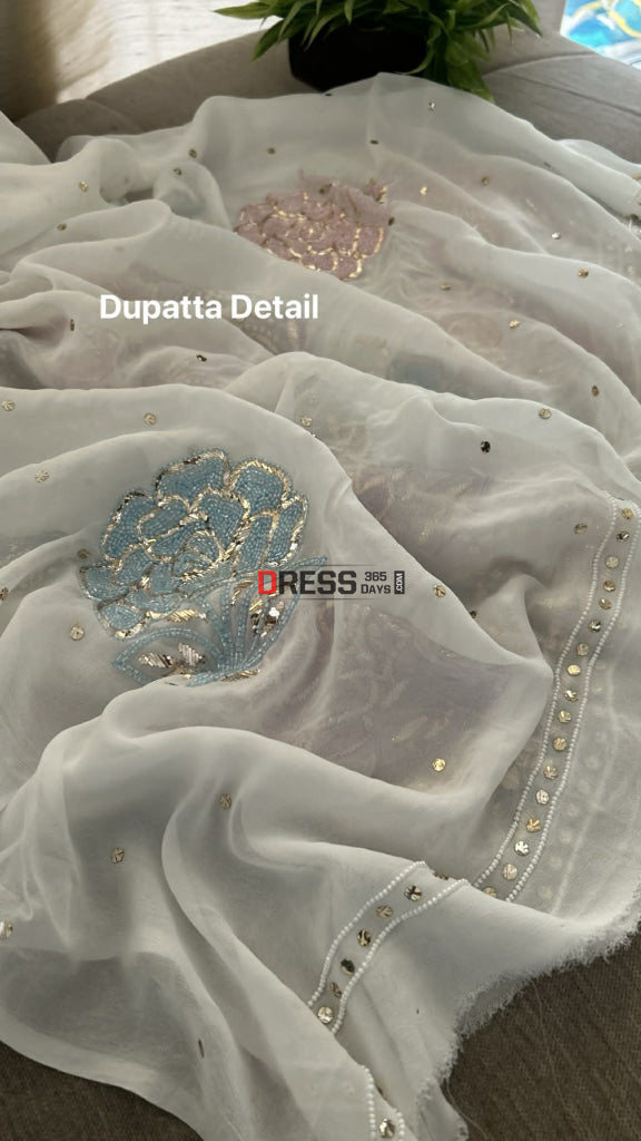 Designer Party Wear Cut Dana Mukaish Kurta Dupatta Set (Viscose Georgette) Chikankari Suits