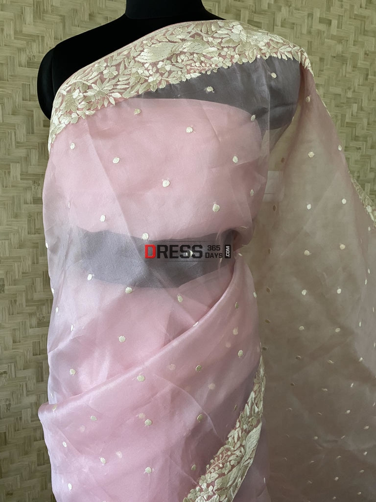 Designer Pastel Pink Organza Parsi Gara Saree