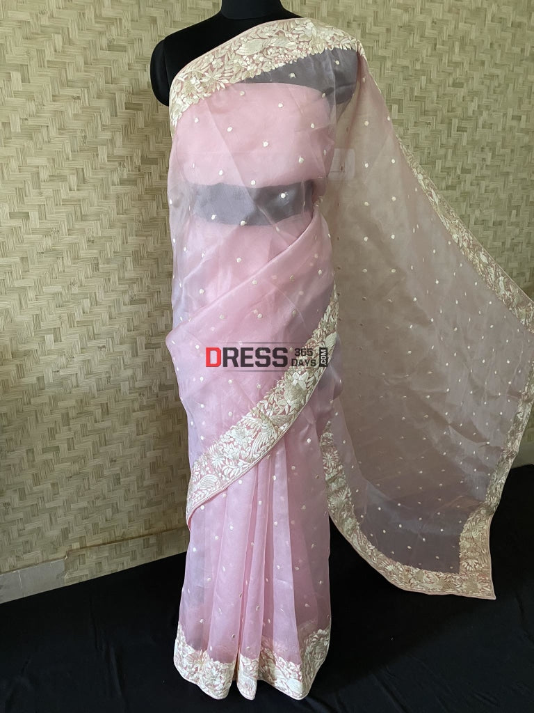 Designer Pastel Pink Organza Parsi Gara Saree