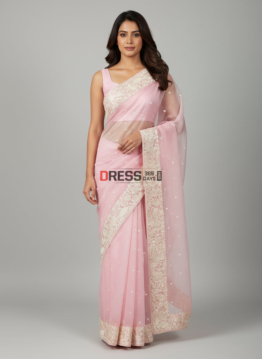 Pre Order Designer Pastel Pink Organza Parsi Gara Saree