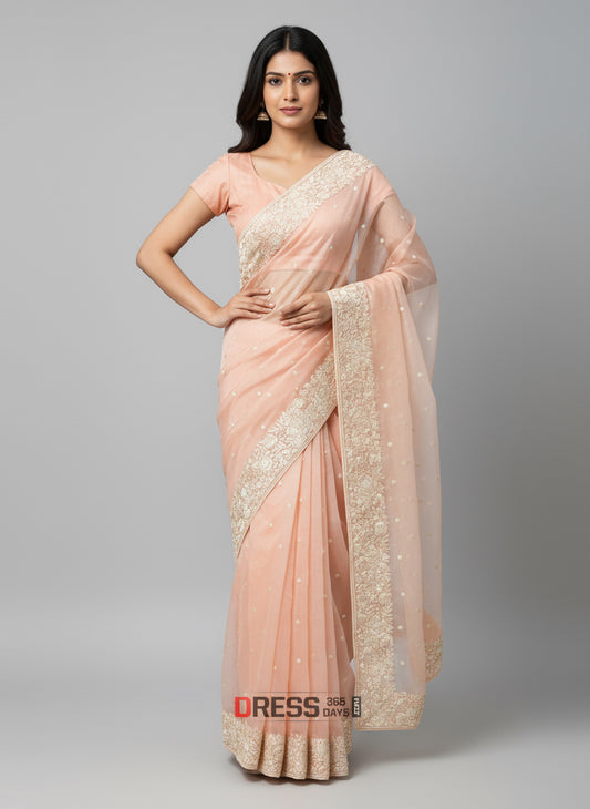 Pre Order Designer Peach Organza Parsi Gara Saree