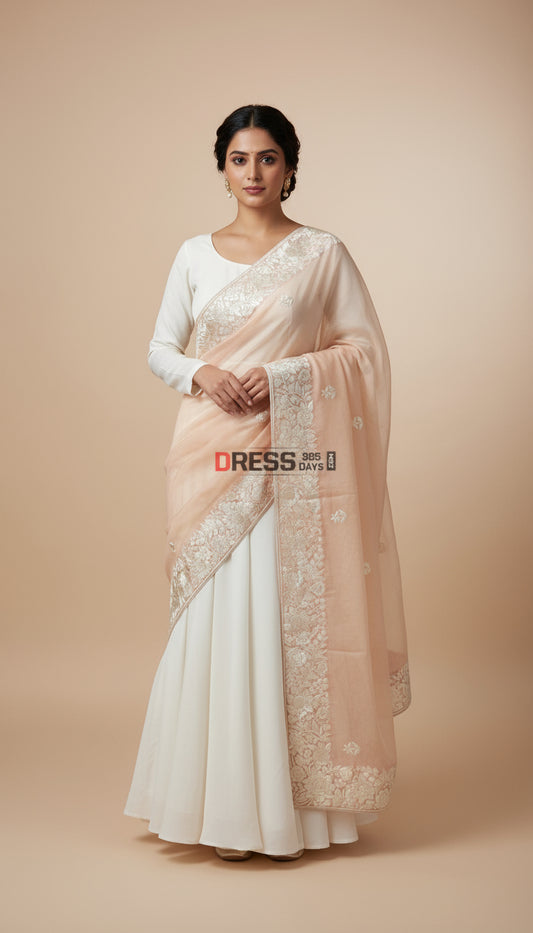 Designer Peach Parsi Gara Dupatta