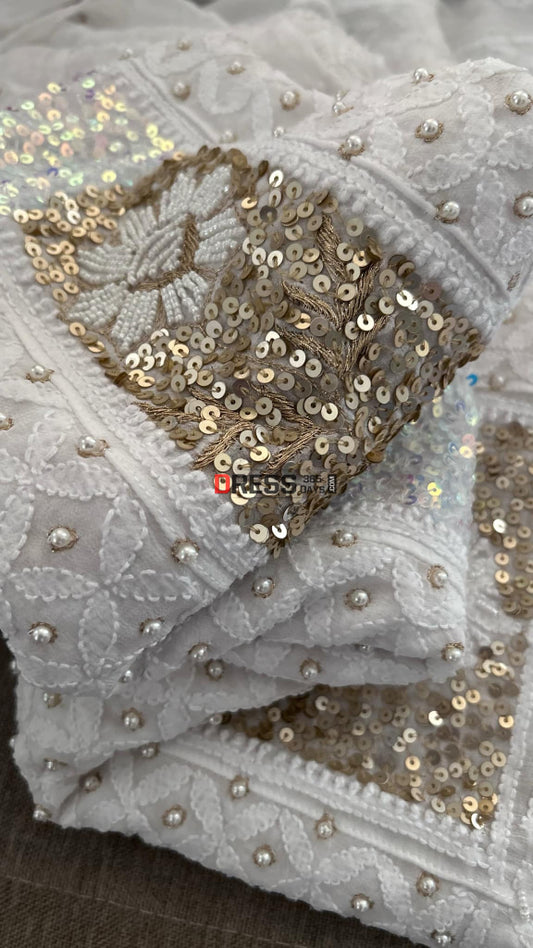 Designer Pearl & Sequins Chikankari Anarkali Suit