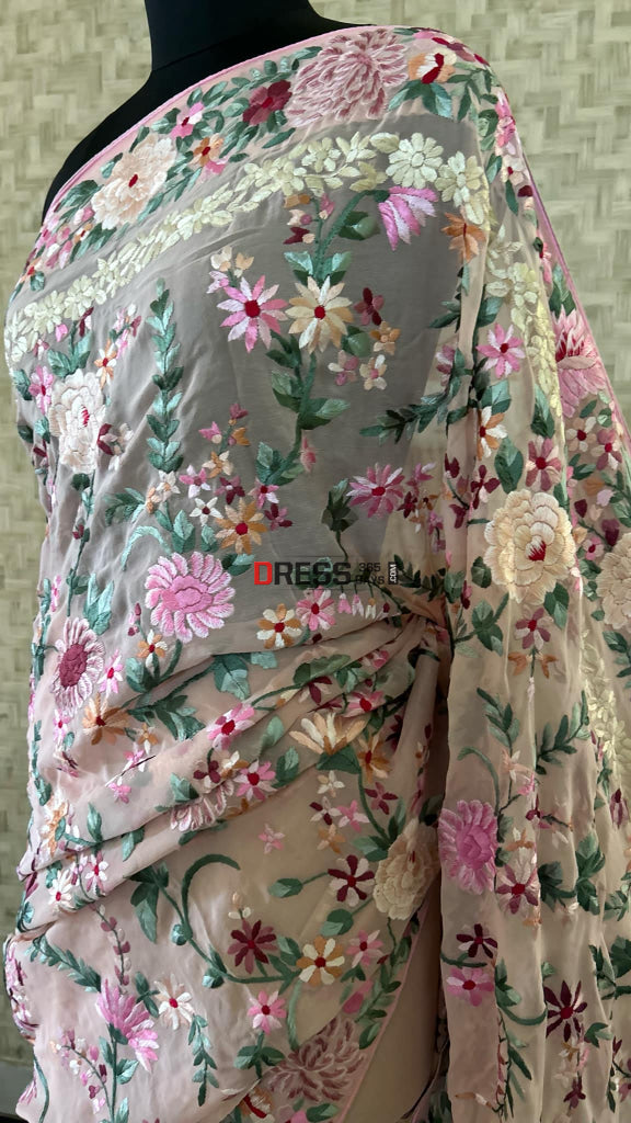 Designer Pink Floral Parsi Gara Pure Georgette Saree
