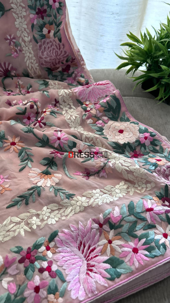 Designer Pink Floral Parsi Gara Pure Georgette Saree