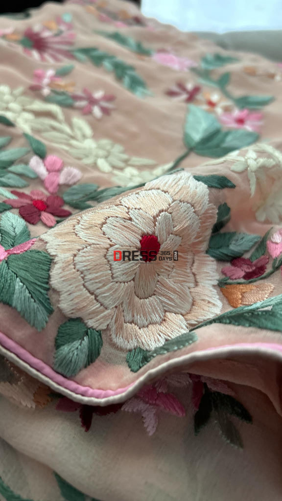 Designer Pink Floral Parsi Gara Pure Georgette Saree