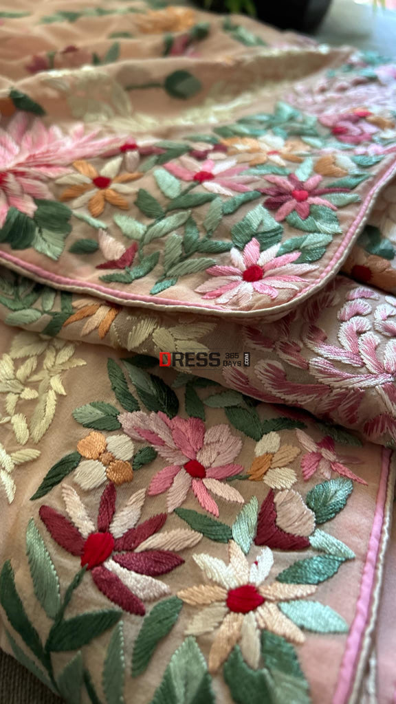 Designer Pink Floral Parsi Gara Pure Georgette Saree
