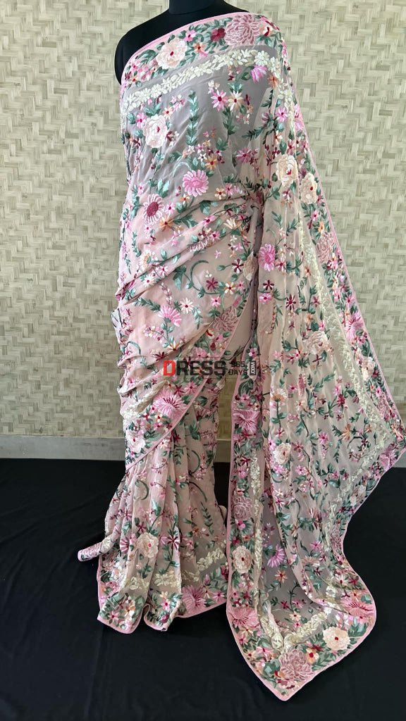 Designer Pink Floral Parsi Gara Pure Georgette Saree