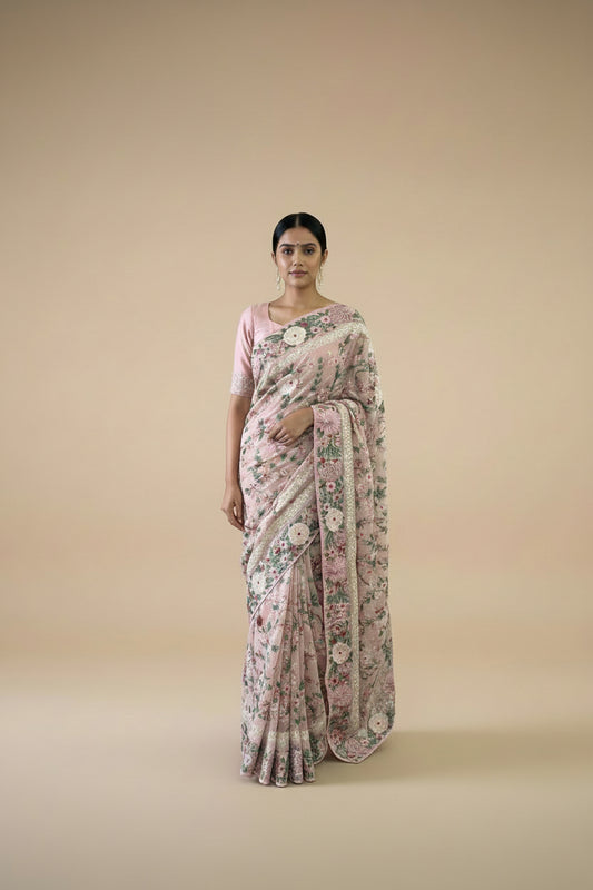Pre Order Designer Pink Floral Parsi Gara Pure Georgette Saree