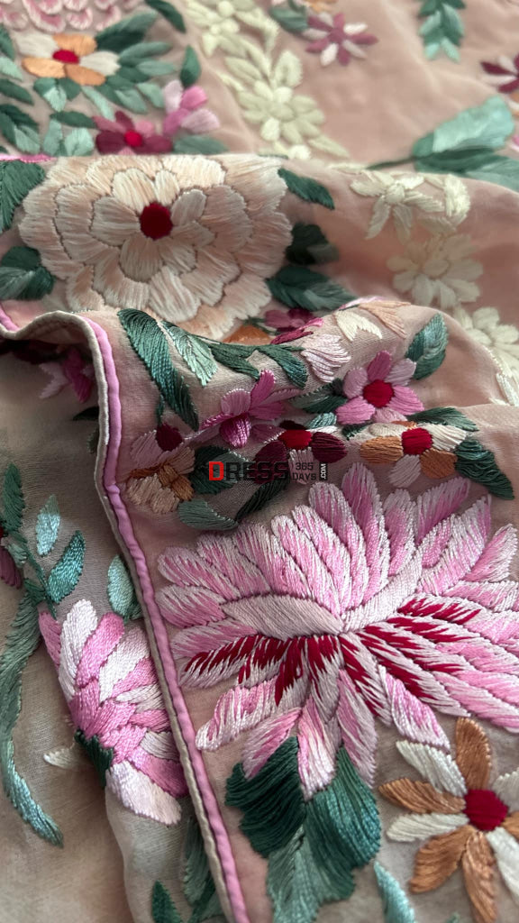 Designer Pink Floral Parsi Gara Pure Georgette Saree